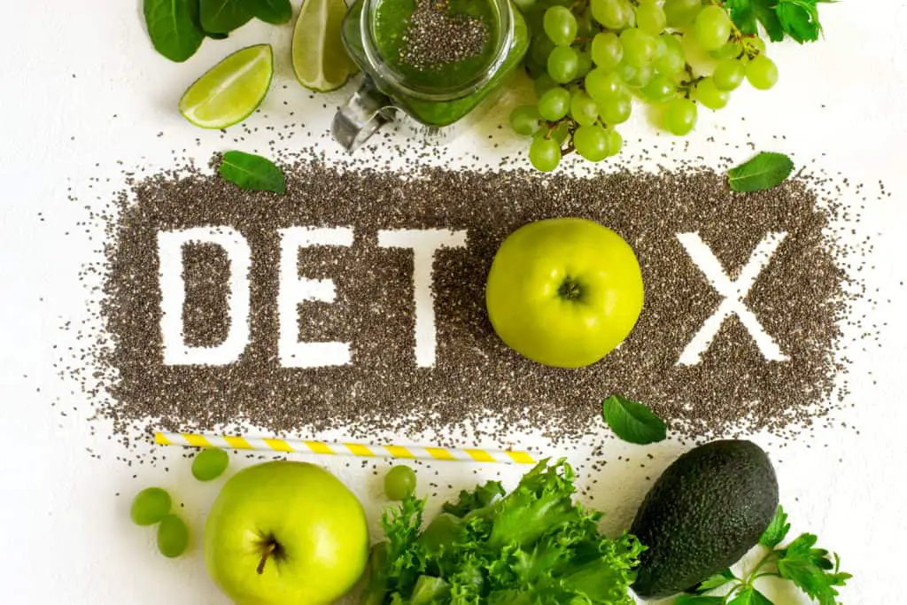 Word detox is made from chia seeds. Green smoothies and ingredients. 